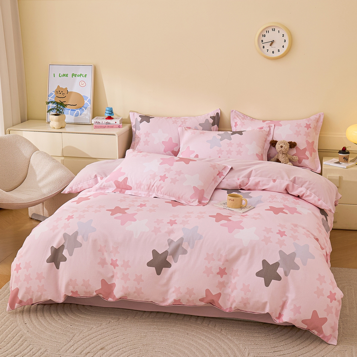 91家纺网 家纺一手货源 找家纺 元元家居（元元被业） 2025秋冬新款全棉纯棉磨毛印花四件套 星星格格