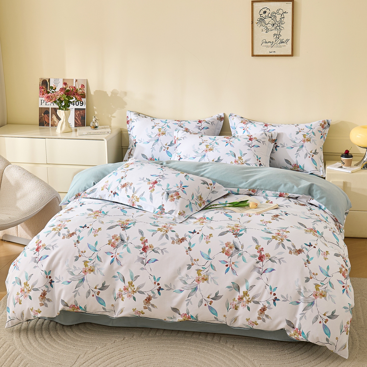 91家纺网 家纺一手货源 找家纺 元元家居（元元被业） 2025秋冬新款全棉纯棉磨毛印花四件套 云季花盟