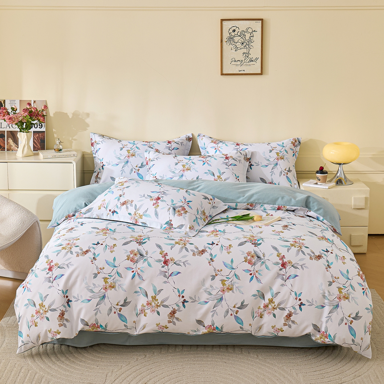 91家纺网 家纺一手货源 找家纺 元元家居（元元被业） 2025秋冬新款全棉纯棉磨毛印花四件套 云季花盟