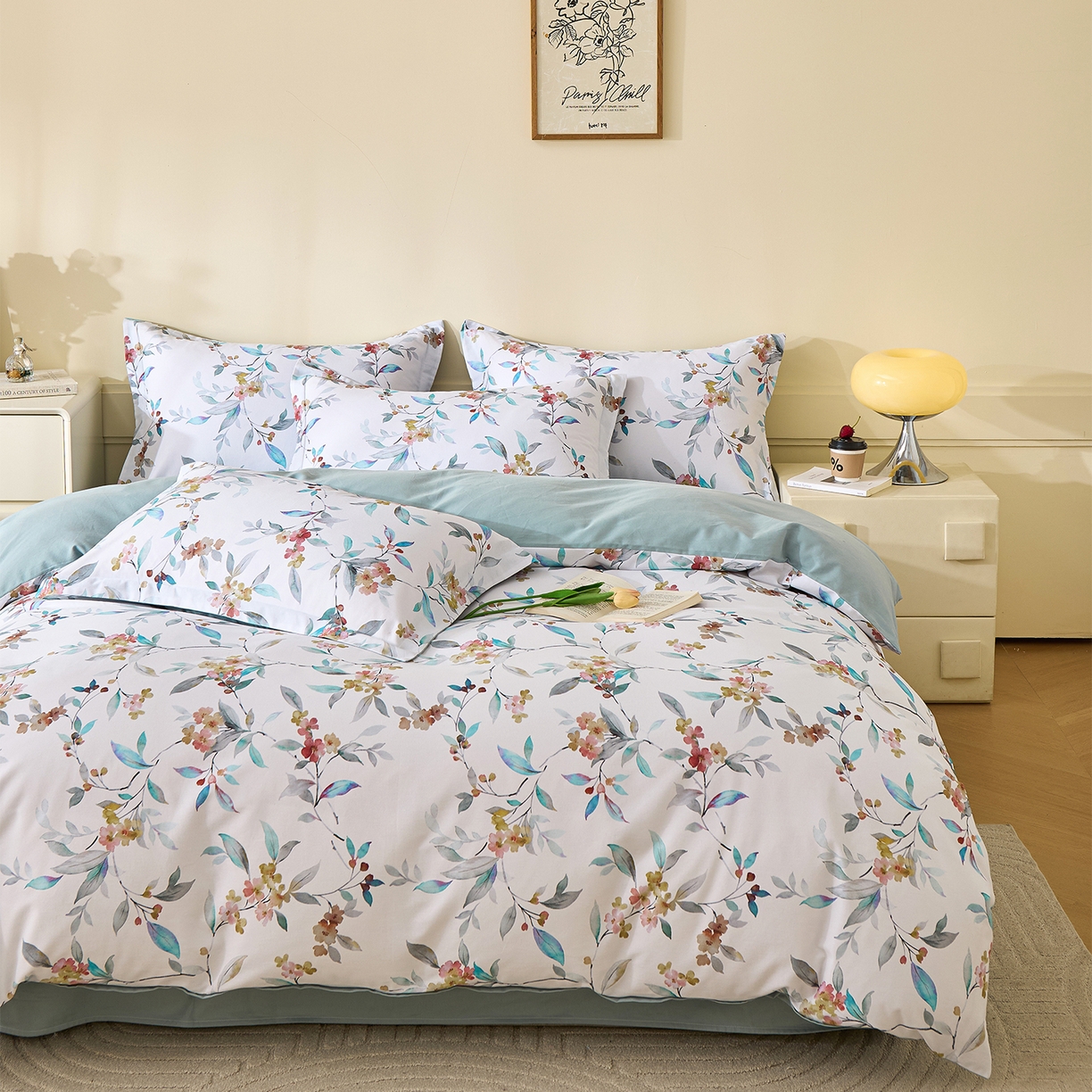 91家纺网 家纺一手货源 找家纺 元元家居（元元被业） 2025秋冬新款全棉纯棉磨毛印花四件套 云季花盟