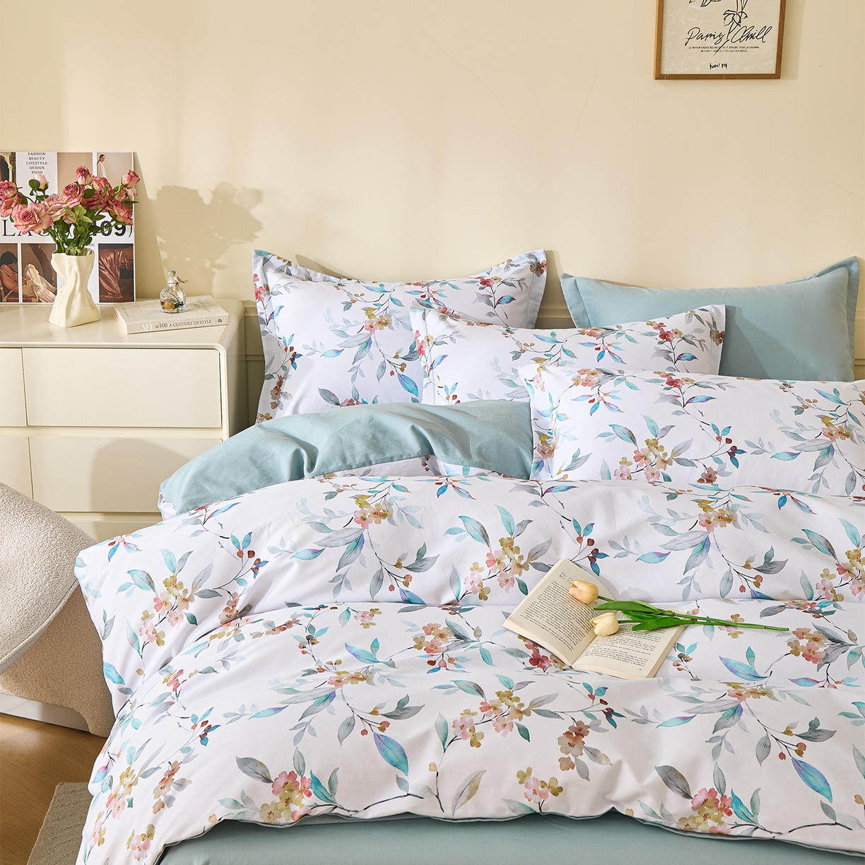 91家纺网 家纺一手货源 找家纺 元元家居（元元被业） 2025秋冬新款全棉纯棉磨毛印花四件套 云季花盟