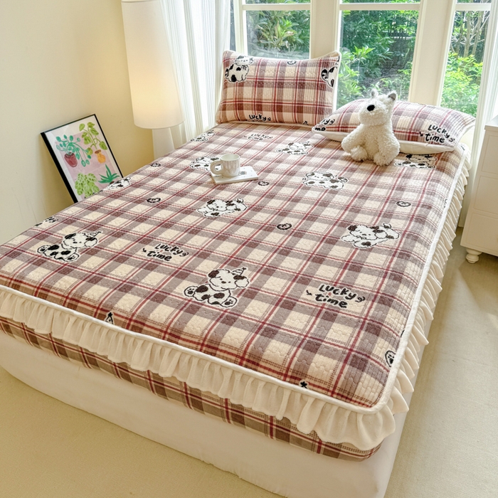 91家纺网 家纺一手货源 找家纺 布柔 2025新款加厚牛奶绒花边床笠保暖印花夹棉床笠床垫保护套罩 乐奇