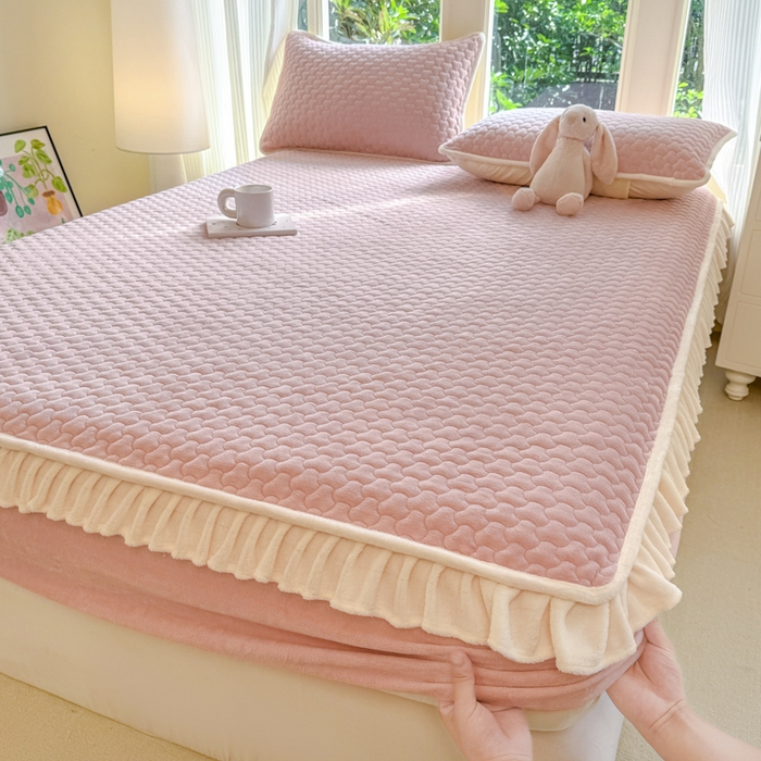 布柔 2025新款加厚牛奶绒花边床笠保暖印花夹棉床笠床垫保护套罩 嫩粉