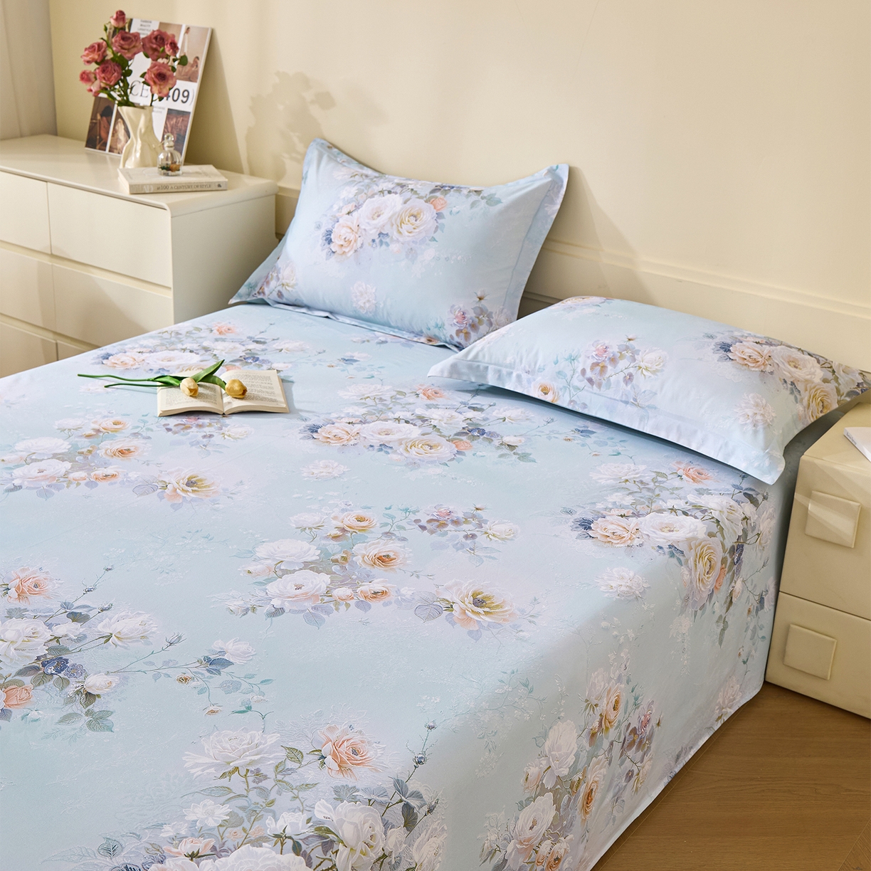 91家纺网 家纺一手货源 找家纺 元元家居（元元被业） 2025秋冬新款全棉纯棉磨毛印花单床单 玫瑰花绣