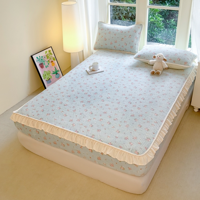 91家纺网 家纺一手货源 找家纺 布柔 2025新款加厚牛奶绒花边床笠保暖印花夹棉床笠床垫保护套罩 碎花绿