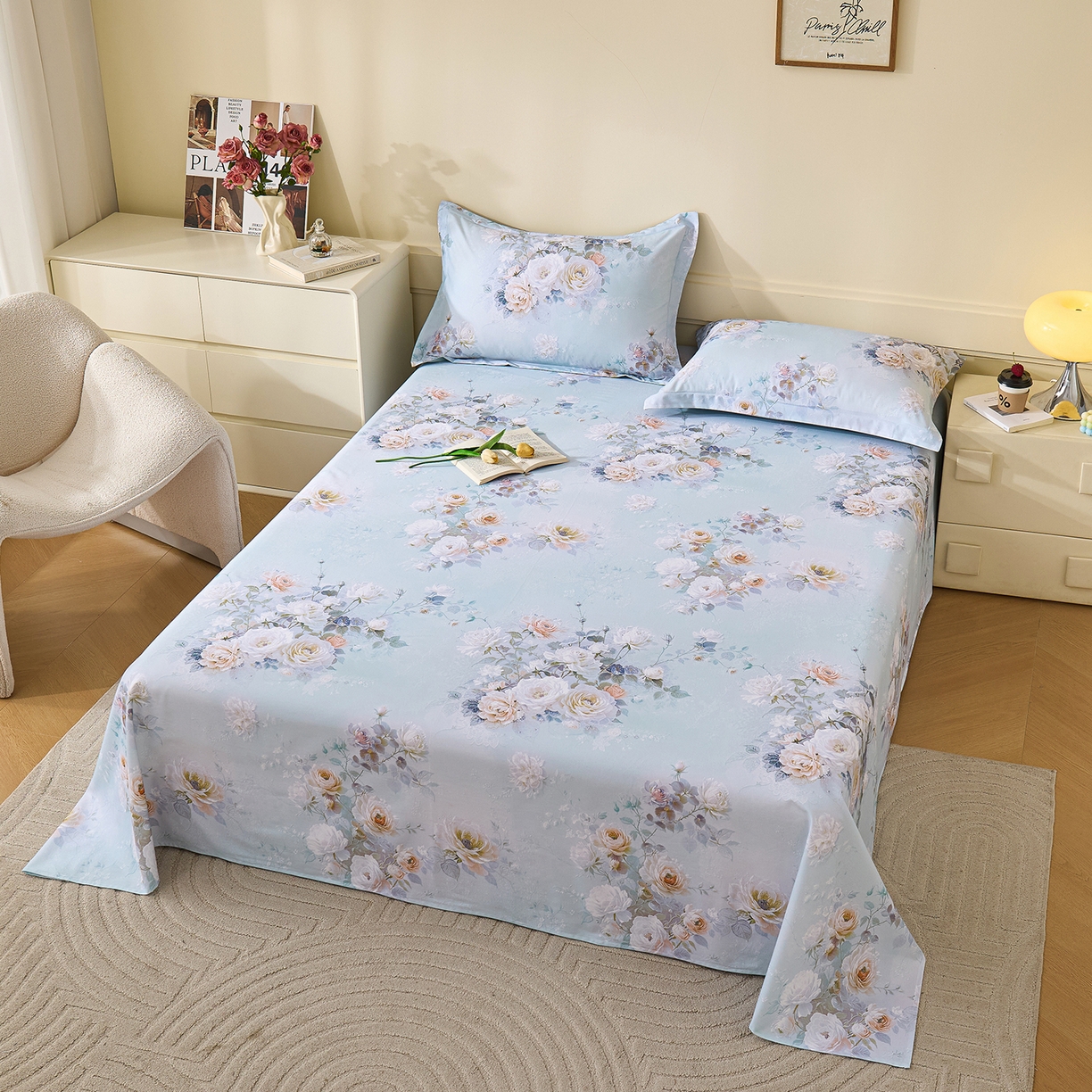 91家纺网 家纺一手货源 找家纺 元元家居（元元被业） 2025秋冬新款全棉纯棉磨毛印花单床单 玫瑰花绣