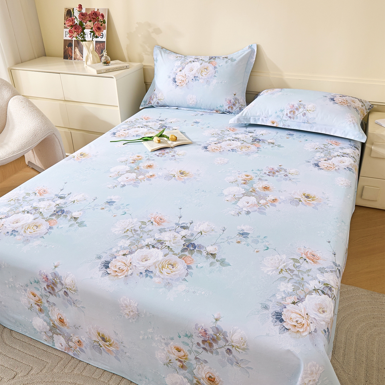 91家纺网 家纺一手货源 找家纺 元元家居（元元被业） 2025秋冬新款全棉纯棉磨毛印花单床单 玫瑰花绣