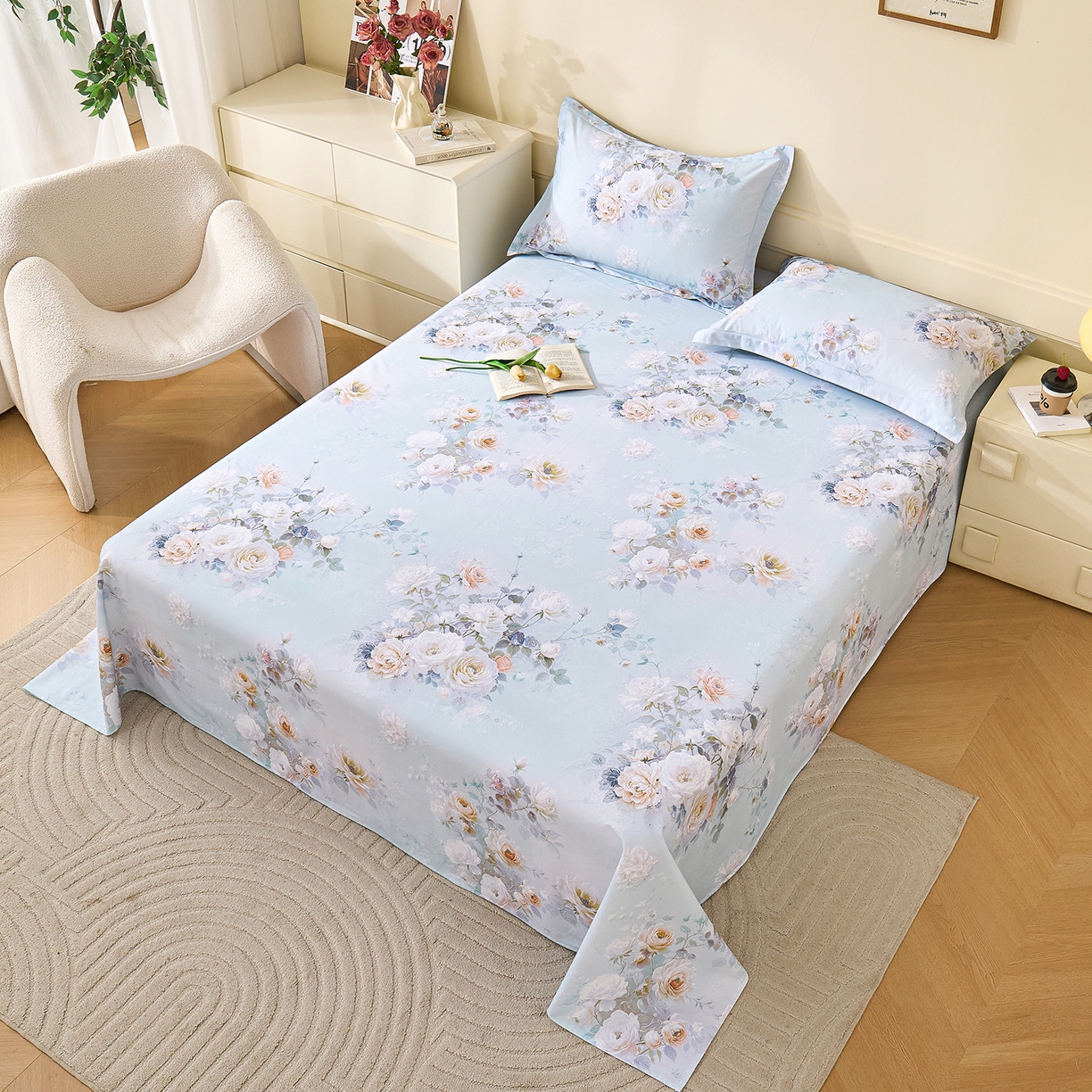 91家纺网 家纺一手货源 找家纺 元元家居（元元被业） 2025秋冬新款全棉纯棉磨毛印花单床单 玫瑰花绣