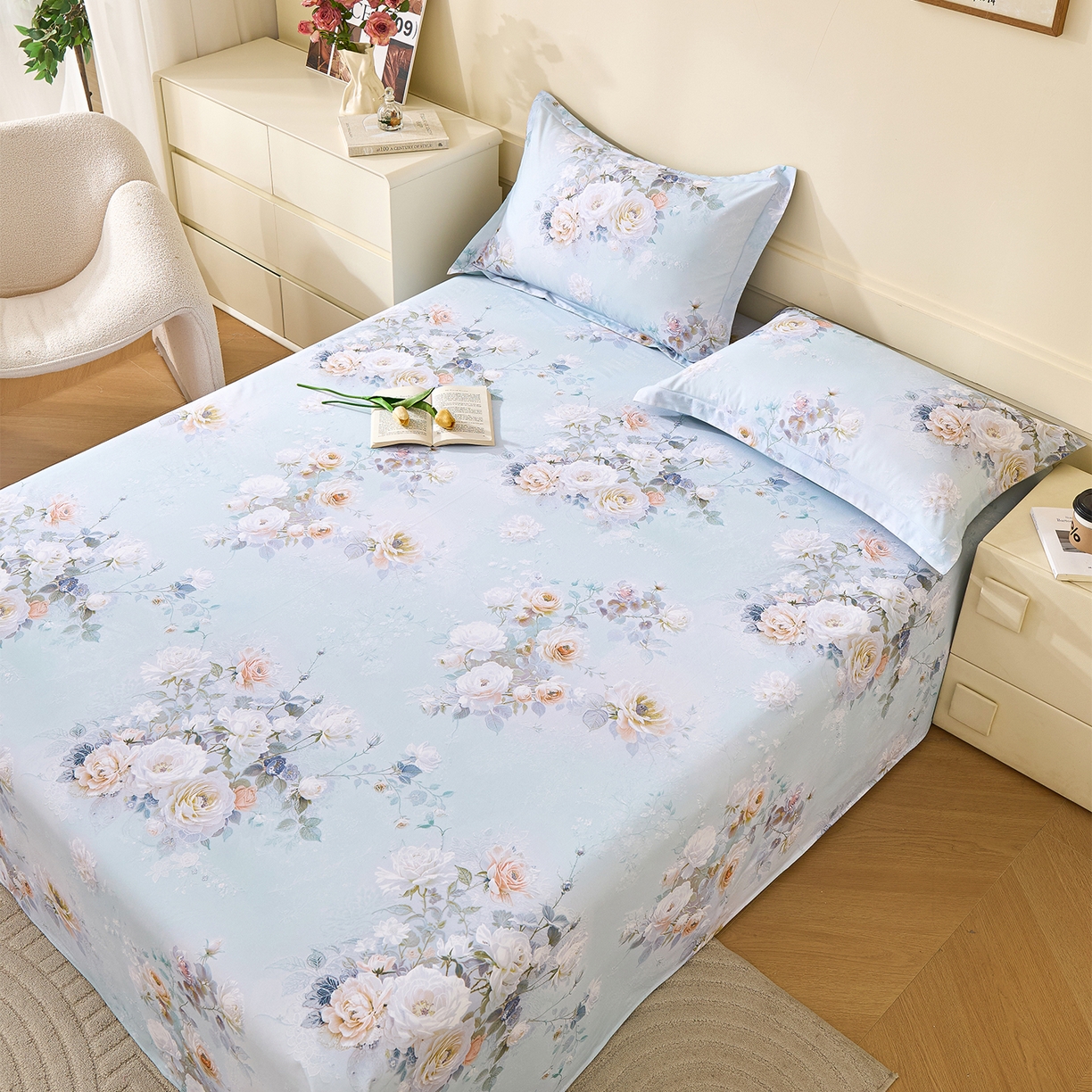 91家纺网 家纺一手货源 找家纺 元元家居（元元被业） 2025秋冬新款全棉纯棉磨毛印花单床单 玫瑰花绣