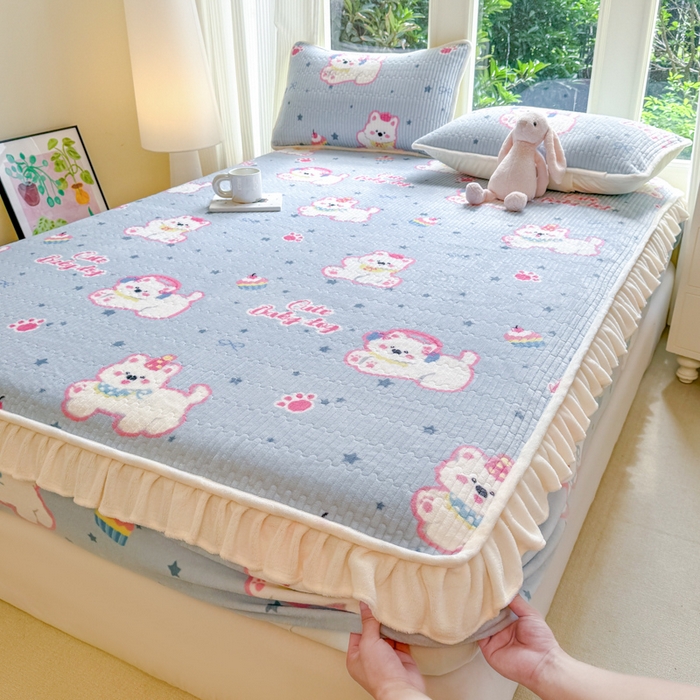 布柔 2025新款加厚牛奶绒花边床笠保暖印花夹棉床笠床垫保护套罩 甜心比尔