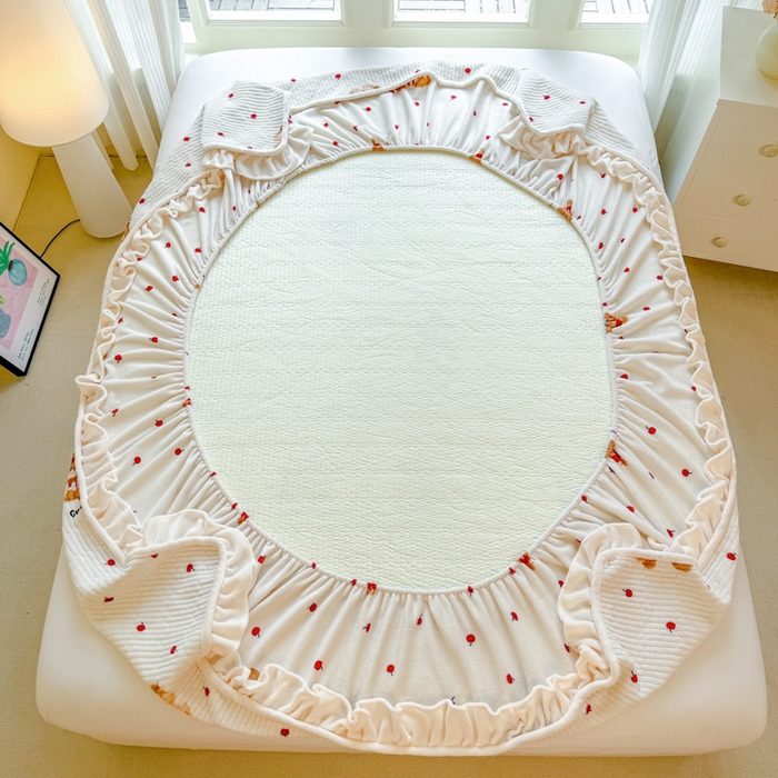 91家纺网 家纺一手货源 找家纺 布柔 2025新款加厚牛奶绒花边床笠保暖印花夹棉床笠床垫保护套罩 樱桃狗