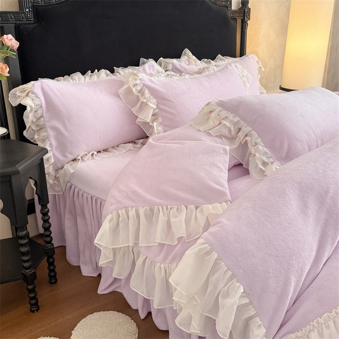 91家纺网 家纺一手货源 找家纺 富盛家纺 2025新款牛奶绒床裙款蕾丝刺绣四件套韩版法式公主风四件套--华尔兹系列 华尔兹-紫