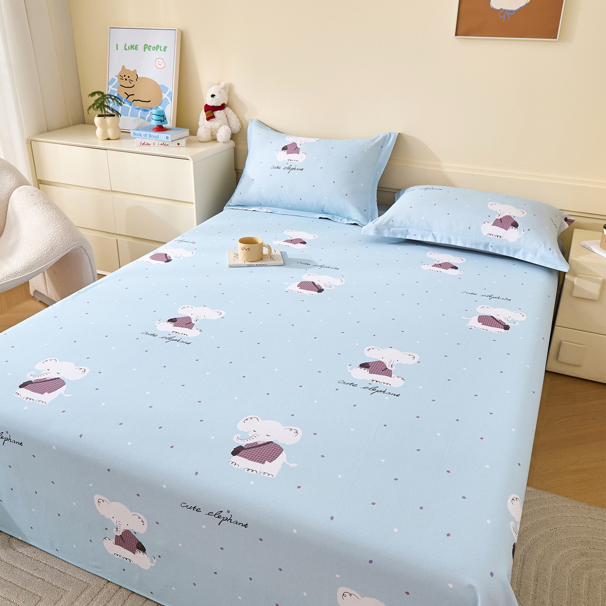 91家纺网 家纺一手货源 找家纺 元元家居（元元被业） 2025秋冬新款全棉纯棉磨毛印花单床单 小奶象