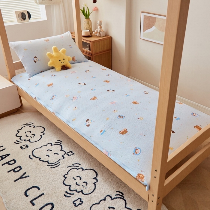 91家纺网 家纺一手货源 找家纺 小叮当家纺仓储工厂店 2025新款亲肤舒适A类云感水洗棉双层纱鱼鳞网棉花印花床褥 生日宴会-蓝