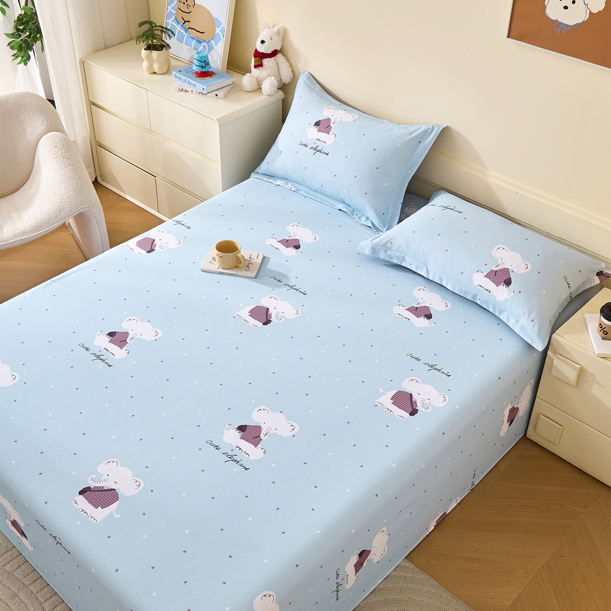 91家纺网 家纺一手货源 找家纺 元元家居（元元被业） 2025秋冬新款全棉纯棉磨毛印花单床单 小奶象