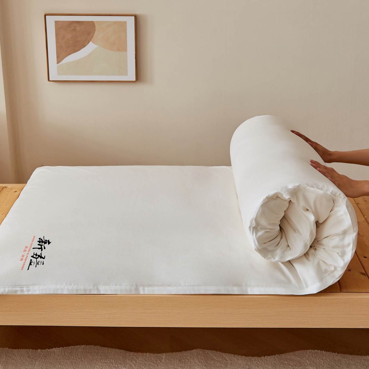 91家纺网 家纺一手货源 找家纺 小叮当家纺仓储工厂店 2025新款亲肤舒适A类云感水洗棉双层纱鱼鳞网棉花印花床褥 白色