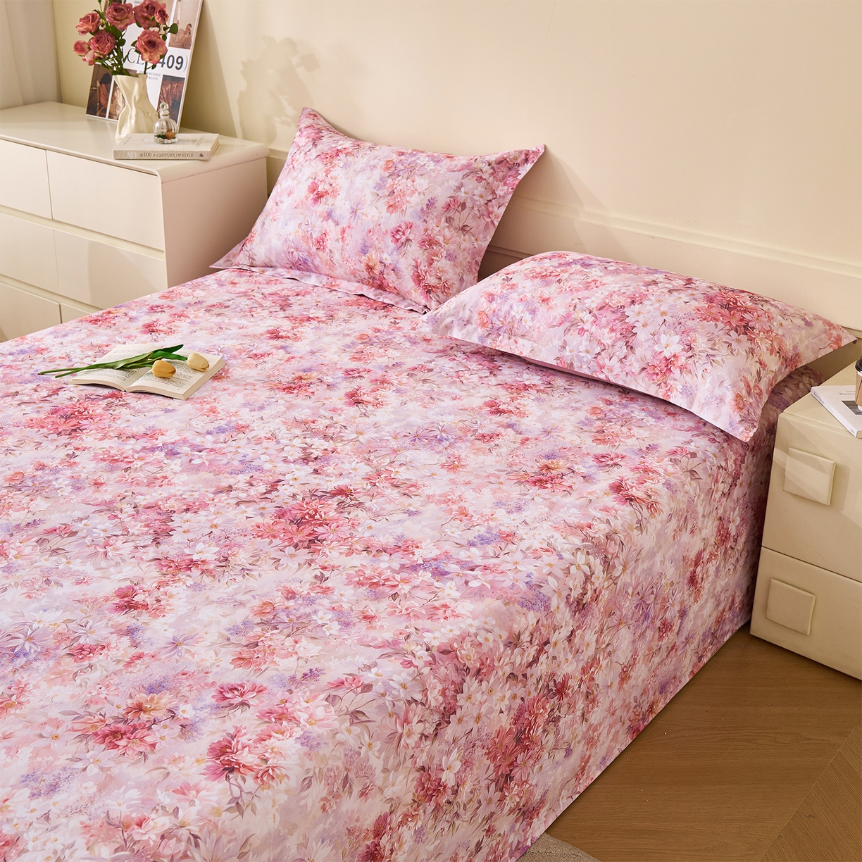 91家纺网 家纺一手货源 找家纺 元元家居（元元被业） 2025秋冬新款全棉纯棉磨毛印花单床单 邂逅粉