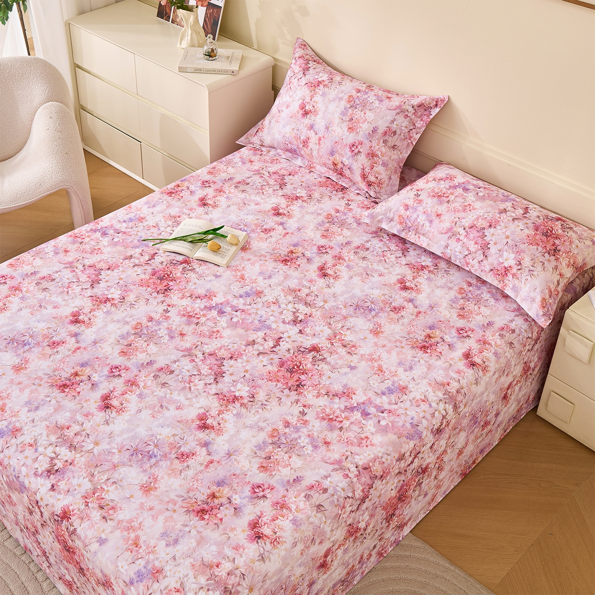 91家纺网 家纺一手货源 找家纺 元元家居（元元被业） 2025秋冬新款全棉纯棉磨毛印花单床单 邂逅粉