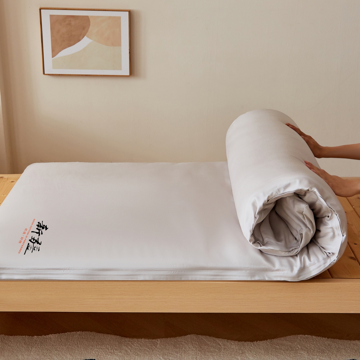 91家纺网 家纺一手货源 找家纺 小叮当家纺仓储工厂店 2025新款亲肤舒适A类云感水洗棉双层纱鱼鳞网棉花印花床褥 灰色