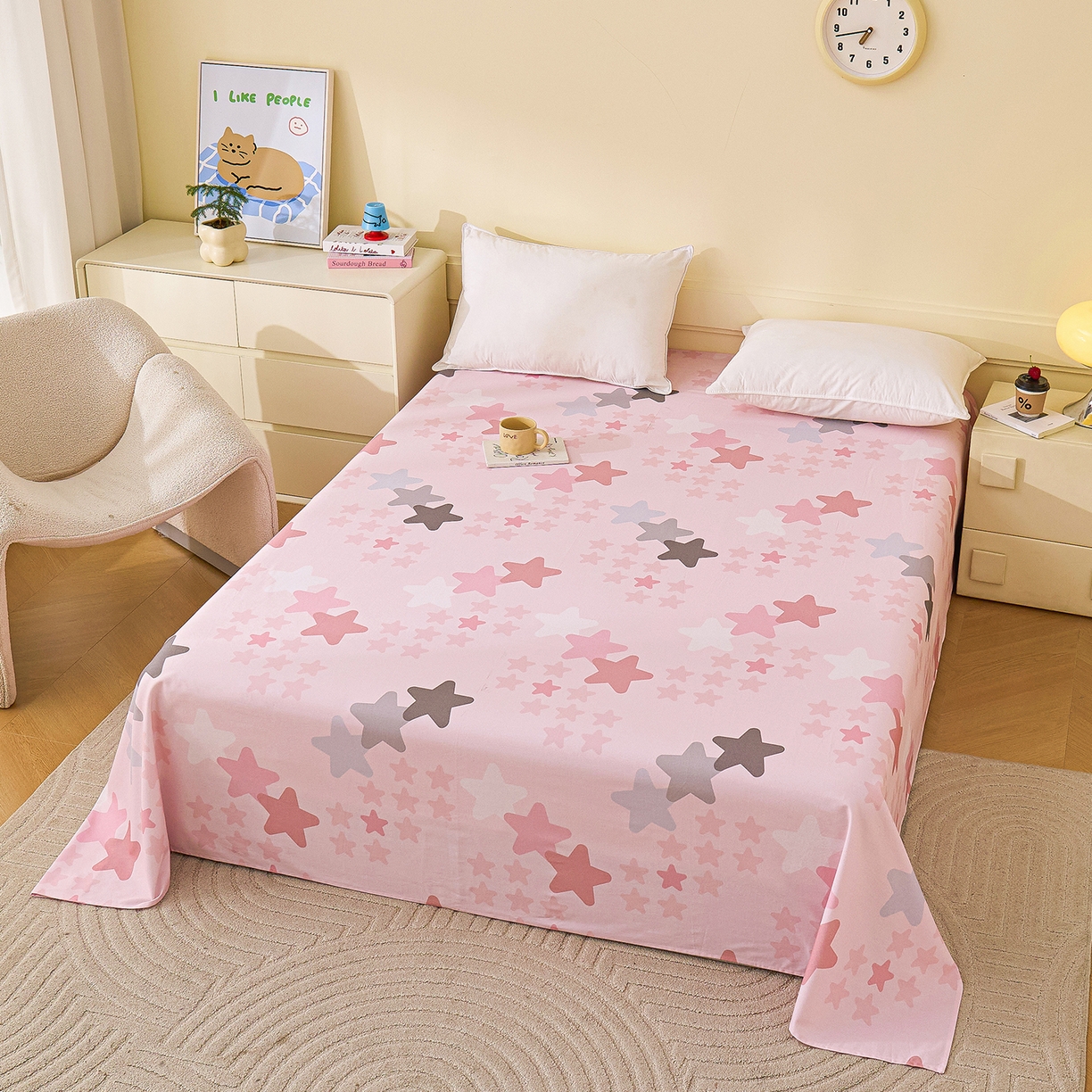 91家纺网 家纺一手货源 找家纺 元元家居（元元被业） 2025秋冬新款全棉纯棉磨毛印花单床单 星星格格