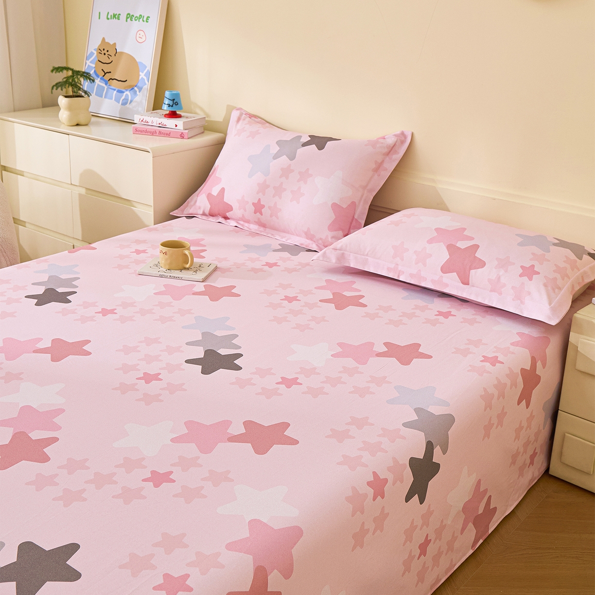 91家纺网 家纺一手货源 找家纺 元元家居（元元被业） 2025秋冬新款全棉纯棉磨毛印花单床单 星星格格