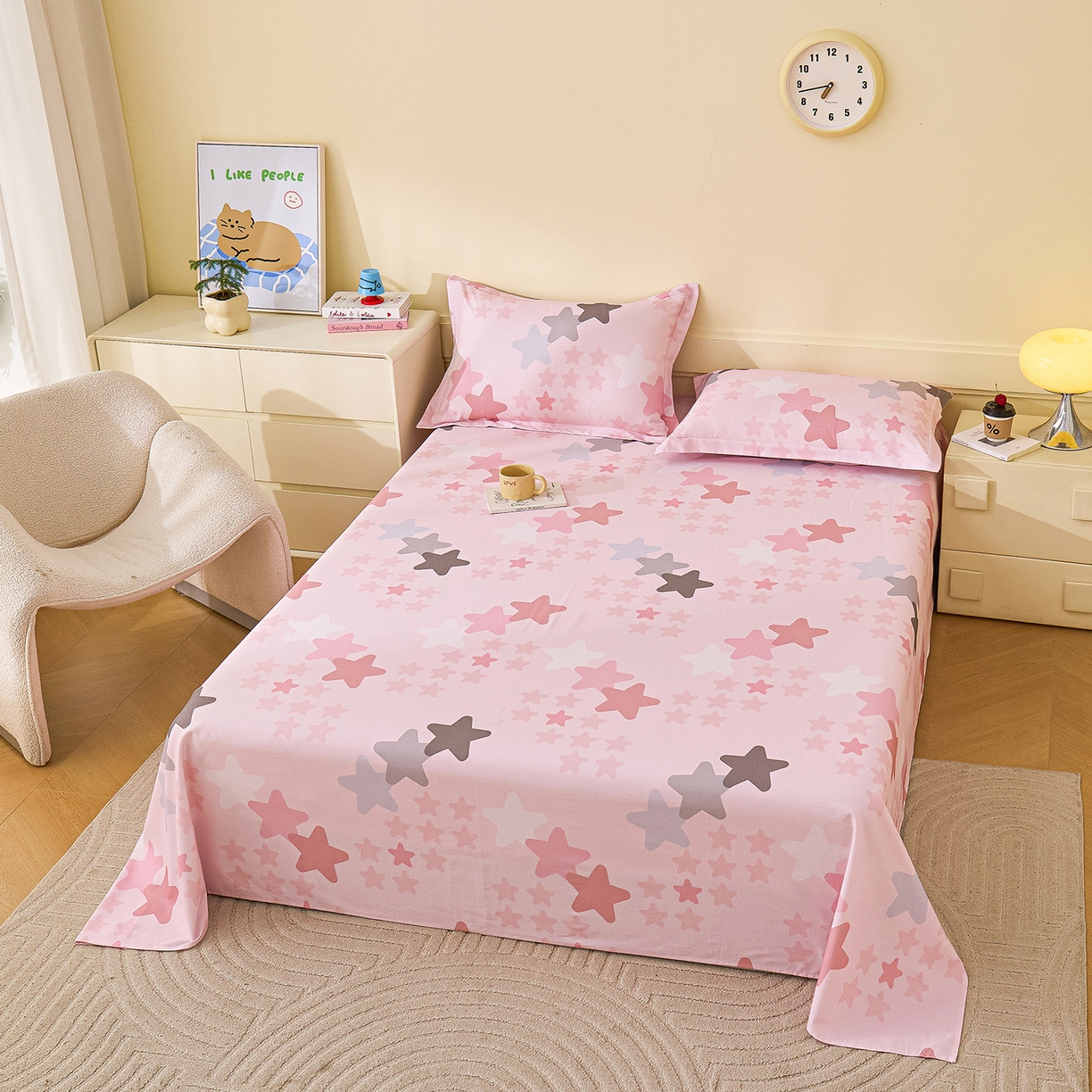 91家纺网 家纺一手货源 找家纺 元元家居（元元被业） 2025秋冬新款全棉纯棉磨毛印花单床单 星星格格