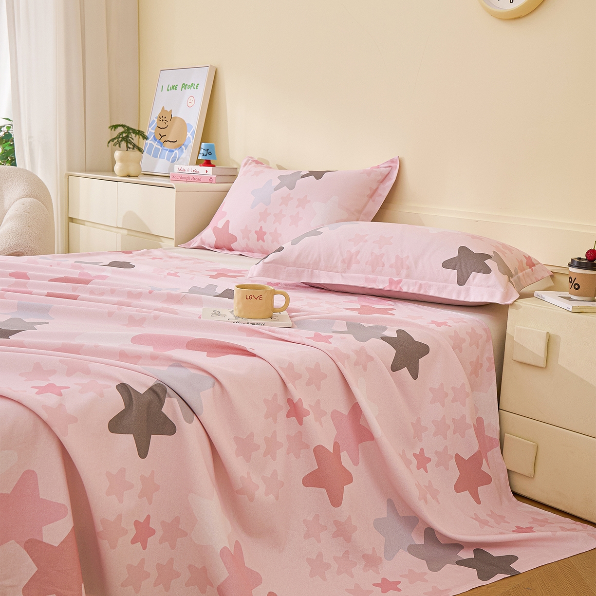 91家纺网 家纺一手货源 找家纺 元元家居（元元被业） 2025秋冬新款全棉纯棉磨毛印花单床单 星星格格