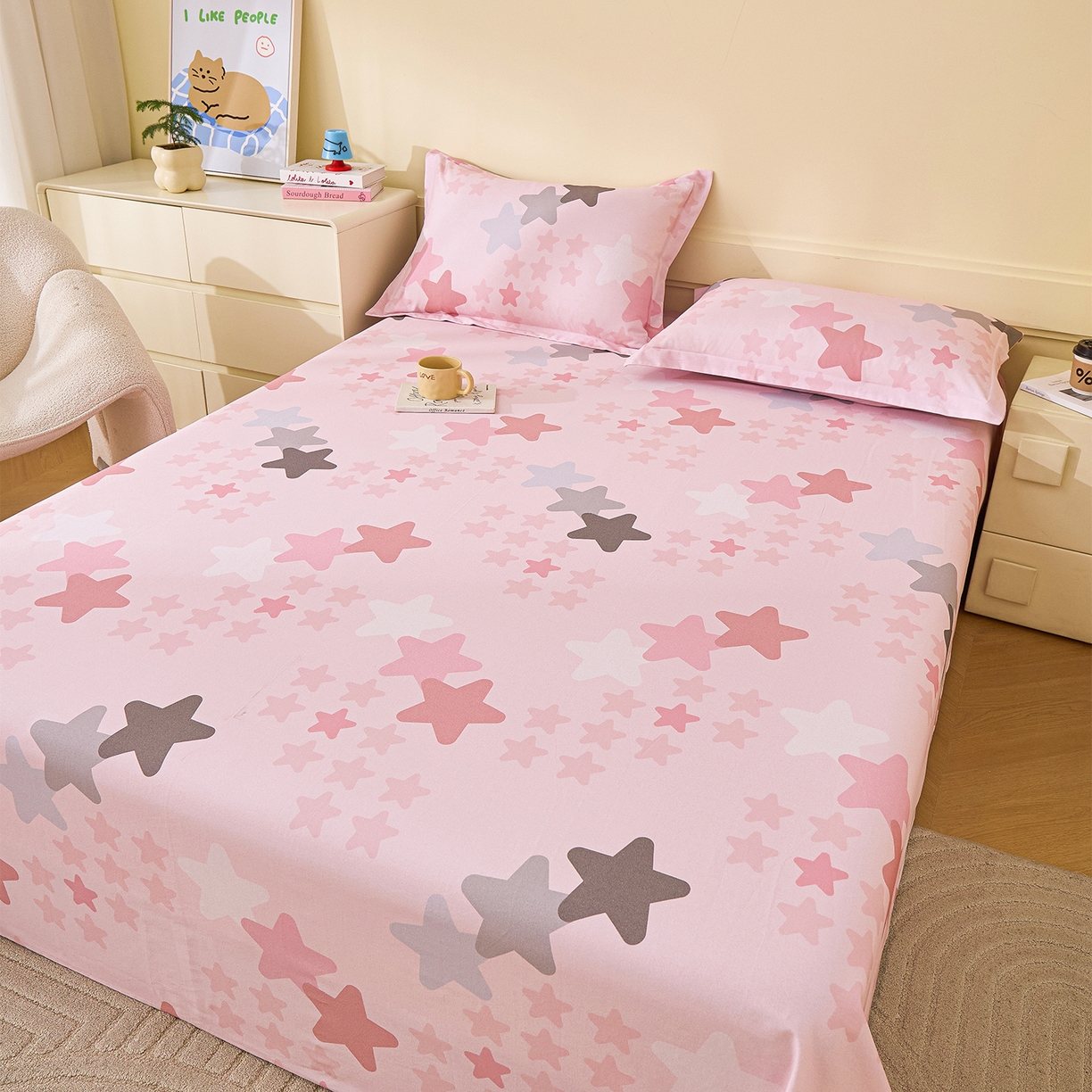 91家纺网 家纺一手货源 找家纺 元元家居（元元被业） 2025秋冬新款全棉纯棉磨毛印花单床单 星星格格