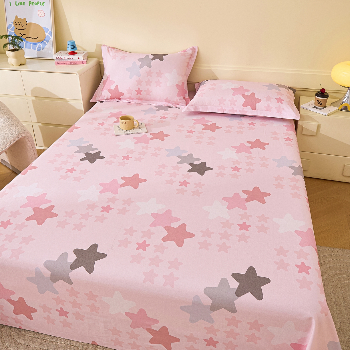 91家纺网 家纺一手货源 找家纺 元元家居（元元被业） 2025秋冬新款全棉纯棉磨毛印花单床单 星星格格