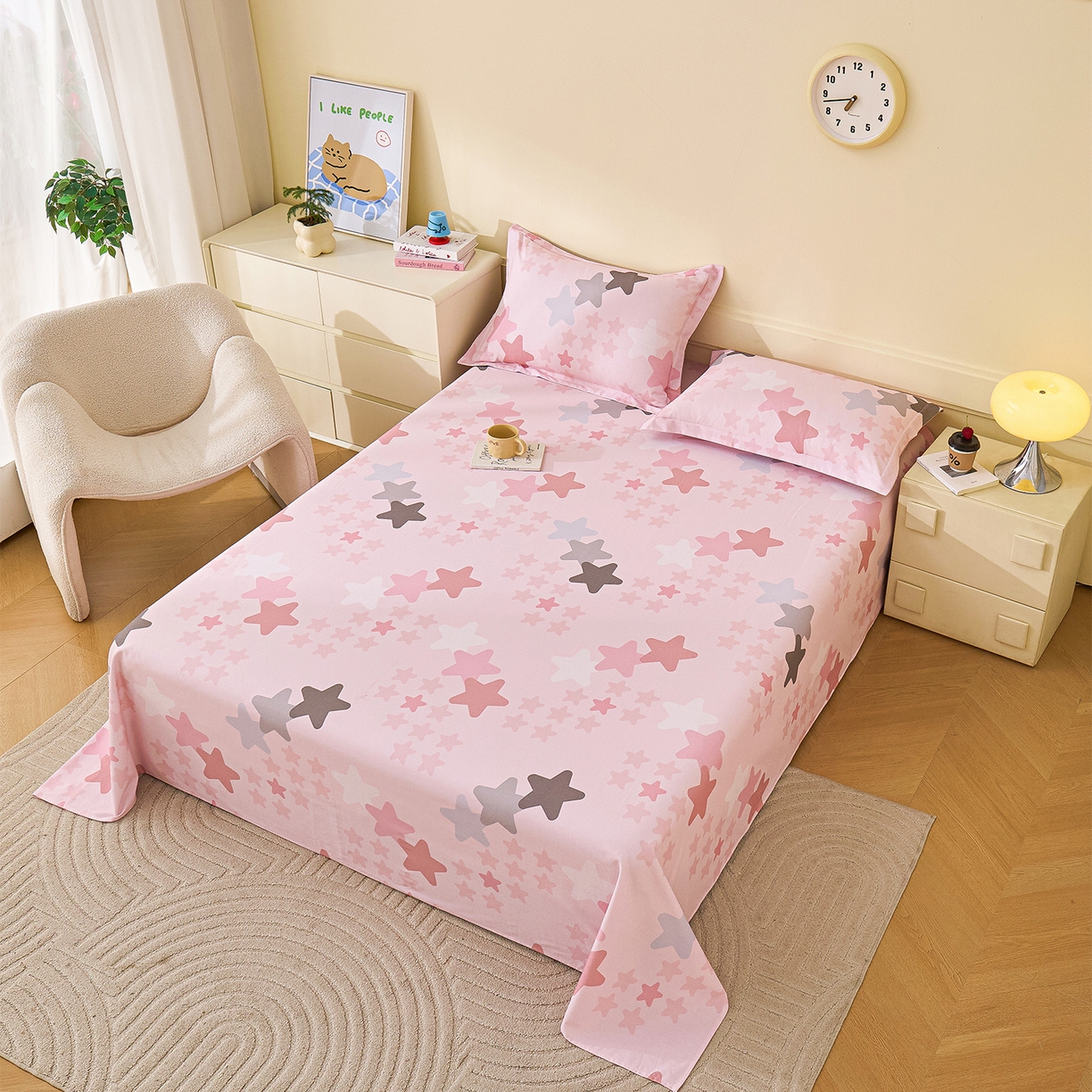 91家纺网 家纺一手货源 找家纺 元元家居（元元被业） 2025秋冬新款全棉纯棉磨毛印花单床单 星星格格