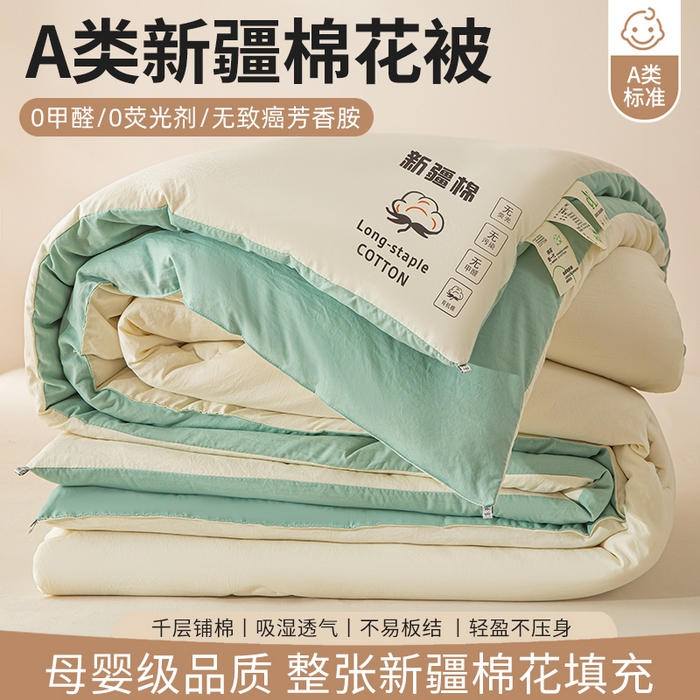 91家纺网 家纺一手货源 找家纺 小叮当家纺仓储工厂店 2025新款A类水洗棉新疆棉花全棉纯棉被无印风冬被加厚保暖被子被芯四季通用 新疆棉花被-白拼绿