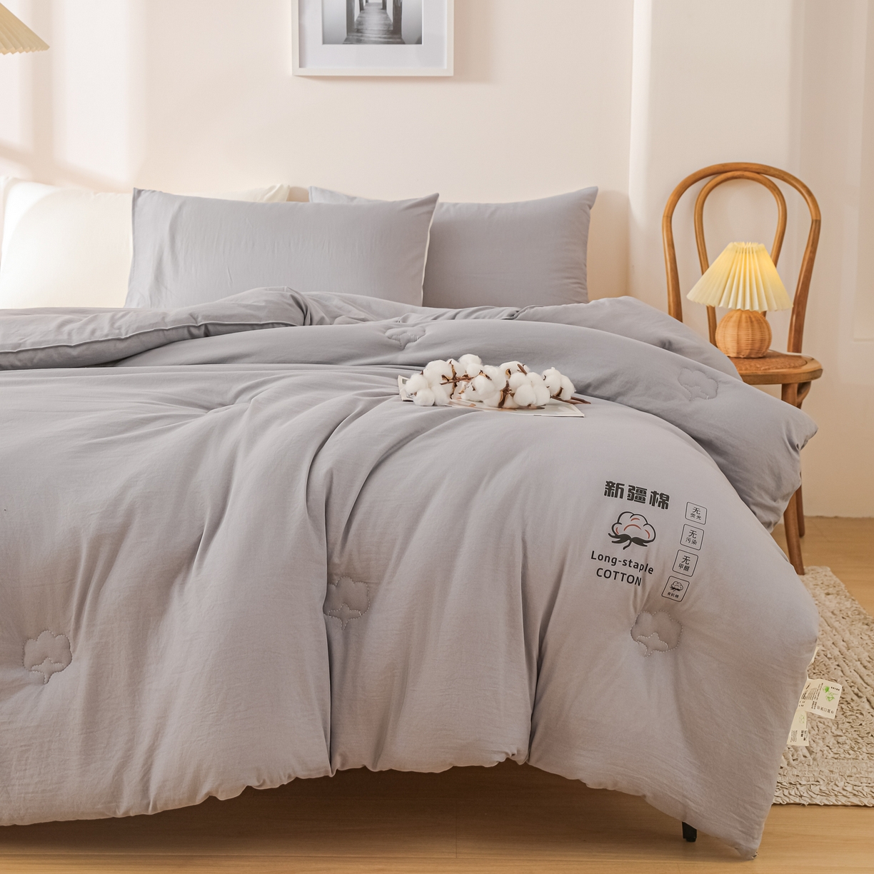 91家纺网 家纺一手货源 找家纺 小叮当家纺仓储工厂店 2025新款A类水洗棉新疆棉花全棉纯棉被无印风冬被加厚保暖被子被芯四季通用 新疆棉花被-淡雅灰