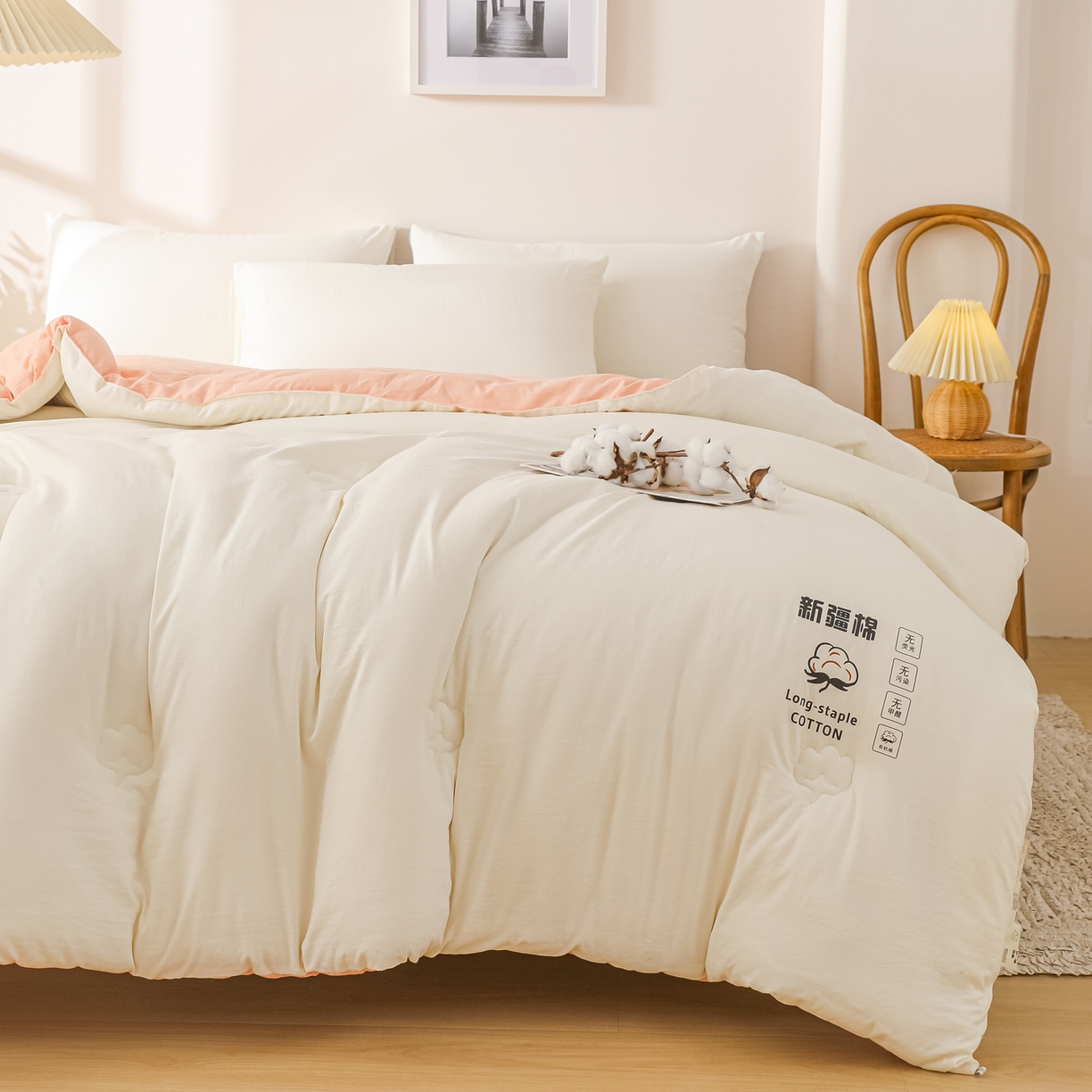 91家纺网 家纺一手货源 找家纺 小叮当家纺仓储工厂店 2025新款A类水洗棉新疆棉花全棉纯棉被无印风冬被加厚保暖被子被芯四季通用 新疆棉花被-白拼粉