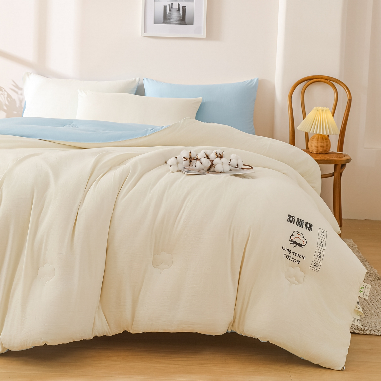91家纺网 家纺一手货源 找家纺 小叮当家纺仓储工厂店 2025新款A类水洗棉新疆棉花全棉纯棉被无印风冬被加厚保暖被子被芯四季通用 新疆棉花被-白拼蓝