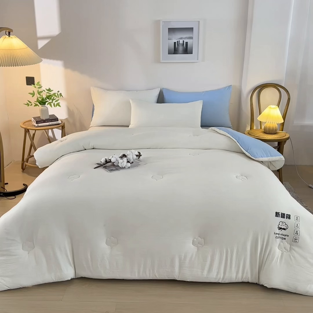 91家纺网 家纺一手货源 找家纺 小叮当家纺仓储工厂店 2025新款A类水洗棉新疆棉花全棉纯棉被无印风冬被加厚保暖被子被芯四季通用 新疆棉花被-白拼蓝