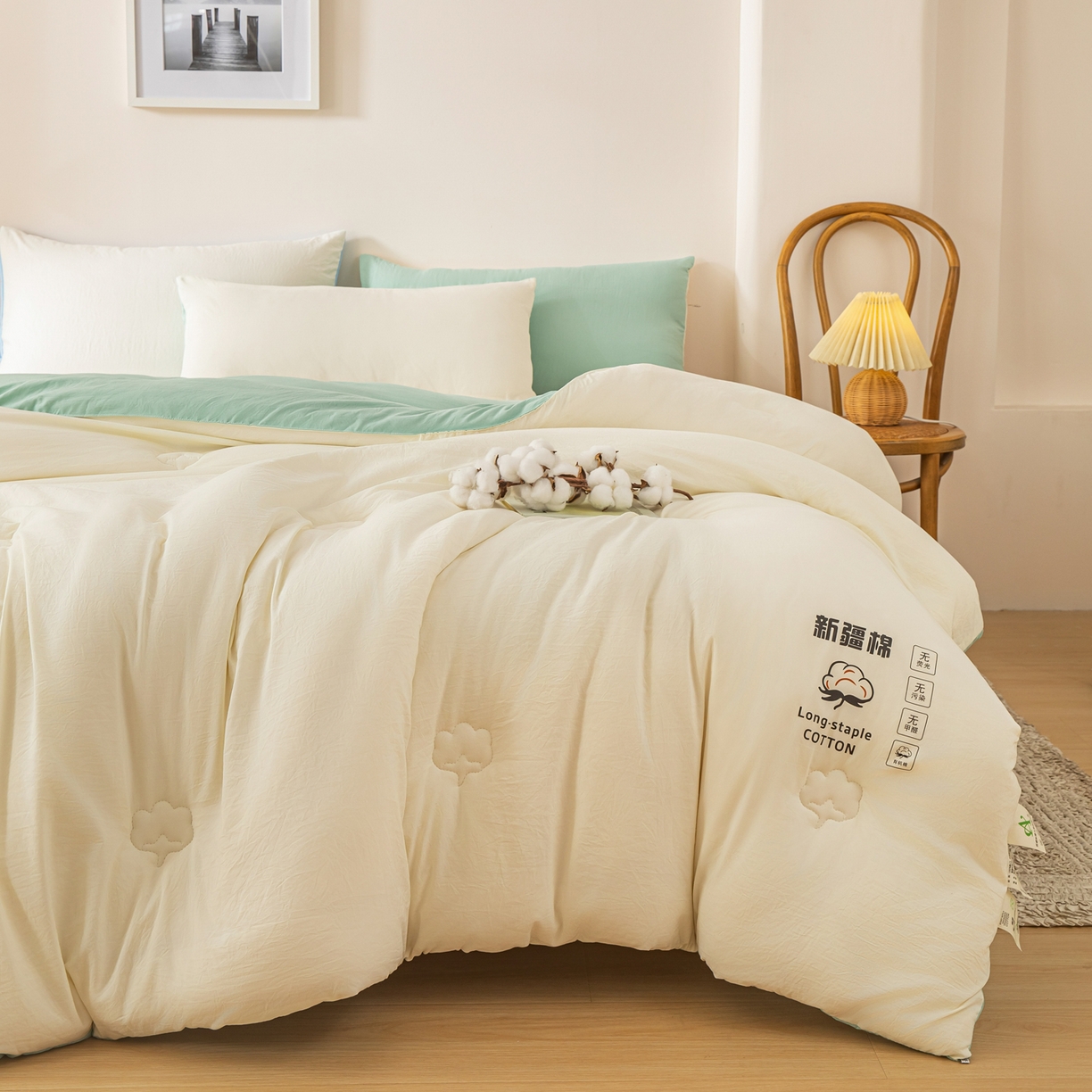 91家纺网 家纺一手货源 找家纺 小叮当家纺仓储工厂店 2025新款A类水洗棉新疆棉花全棉纯棉被无印风冬被加厚保暖被子被芯四季通用 新疆棉花被-白拼绿