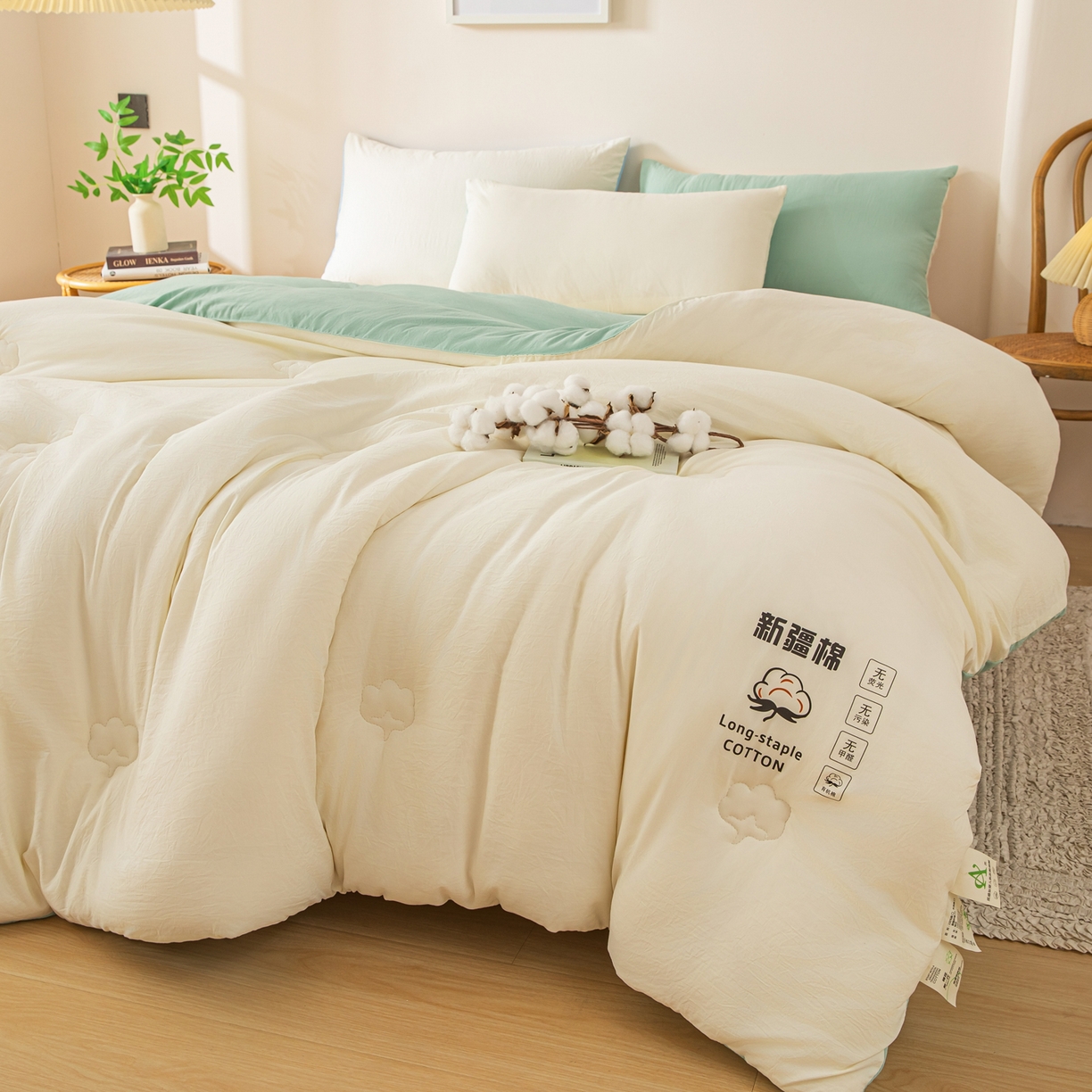 91家纺网 家纺一手货源 找家纺 小叮当家纺仓储工厂店 2025新款A类水洗棉新疆棉花全棉纯棉被无印风冬被加厚保暖被子被芯四季通用 新疆棉花被-白拼绿