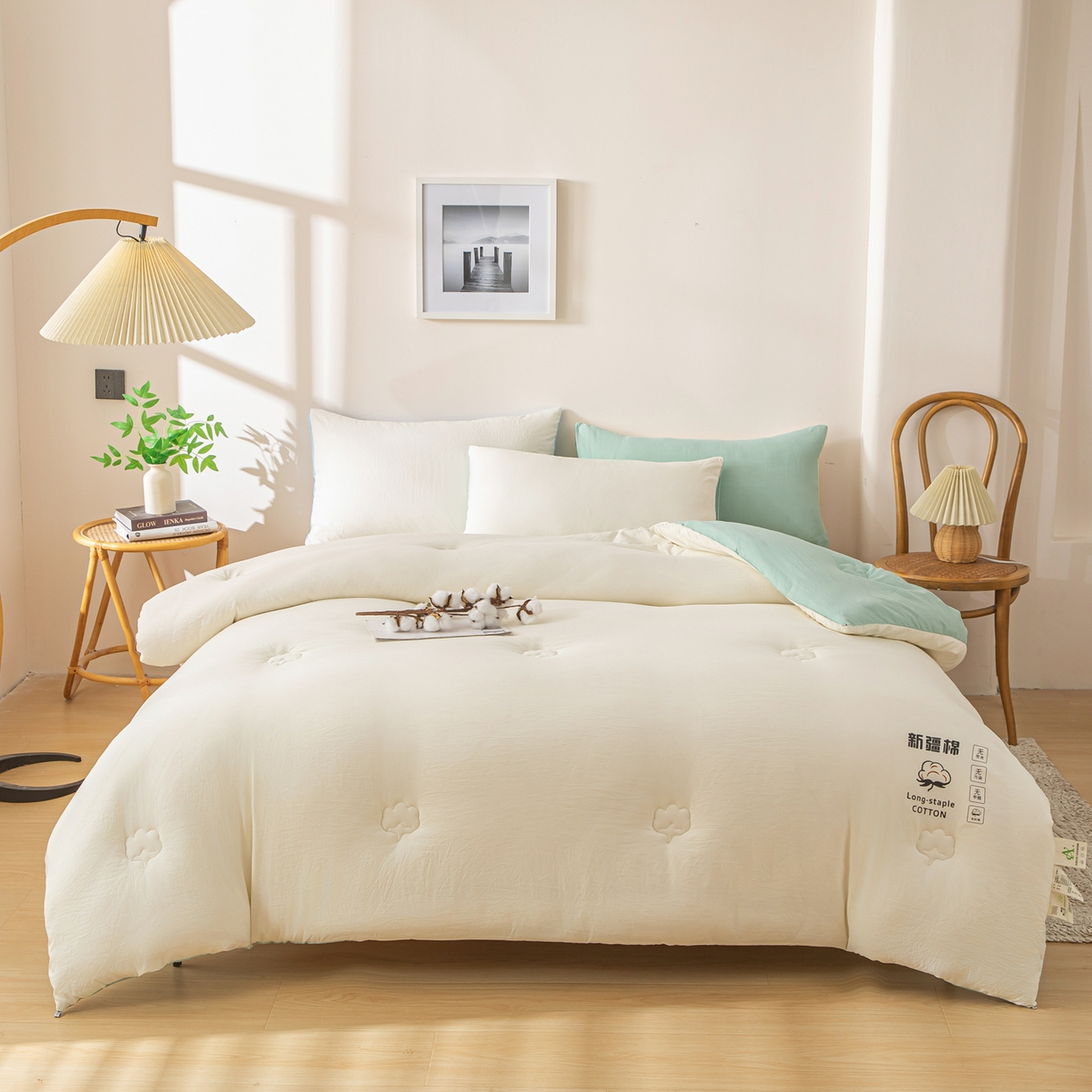 91家纺网 家纺一手货源 找家纺 小叮当家纺仓储工厂店 2025新款A类水洗棉新疆棉花全棉纯棉被无印风冬被加厚保暖被子被芯四季通用 新疆棉花被-白拼绿