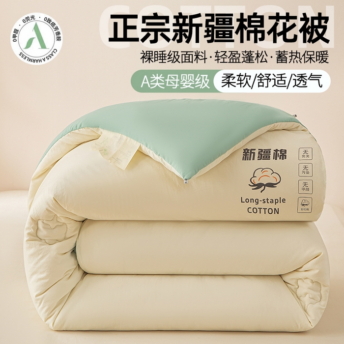 91家纺网 家纺一手货源 找家纺 小叮当家纺仓储工厂店 2025新款A类水洗棉新疆棉花全棉纯棉被无印风冬被加厚保暖被子被芯四季通用 新疆棉花被-白拼绿