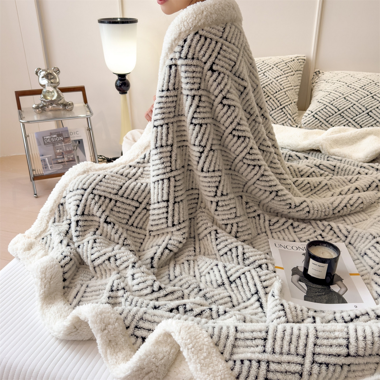 91家纺网 家纺一手货源 找家纺 乐家欣 2025新款双面暖绒毛毯 梦境-幻白