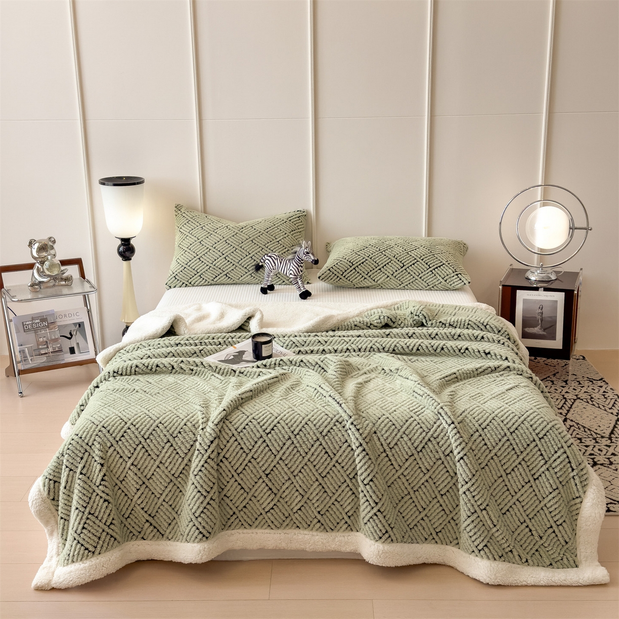 91家纺网 家纺一手货源 找家纺 乐家欣 2025新款双面暖绒毛毯 梦境-桑绿