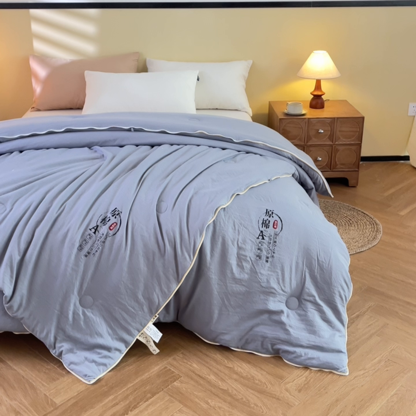 91家纺网 家纺一手货源 找家纺 小叮当家纺仓储工厂店 2025新款原棉大豆被子母扣拉链二合一被被子被芯 原棉子母被-灰色