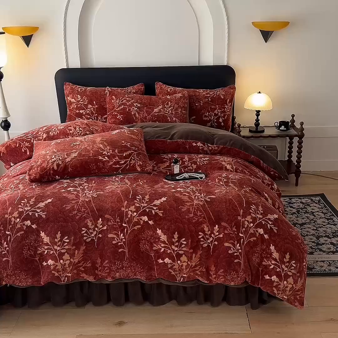 91家纺网 家纺一手货源 找家纺 金盛皇朝家纺 2025新款高克重美拉德牛奶绒床单床盖单件三件四件套 暖阳缀枝