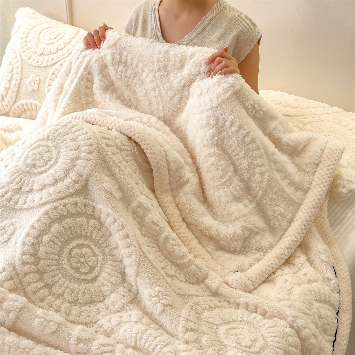 91家纺网 家纺一手货源 找家纺 乐家欣 2025新款A类花朵塔芙绒毛毯 花朵-奶白