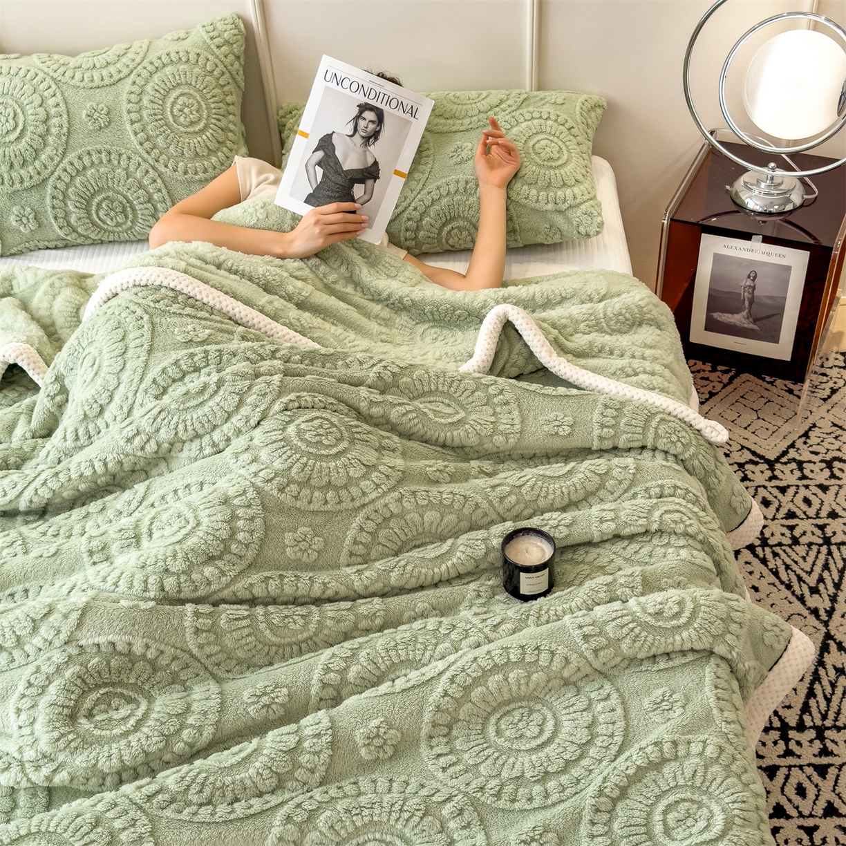 91家纺网 家纺一手货源 找家纺 乐家欣 2025新款A类花朵塔芙绒毛毯 花朵-桑绿