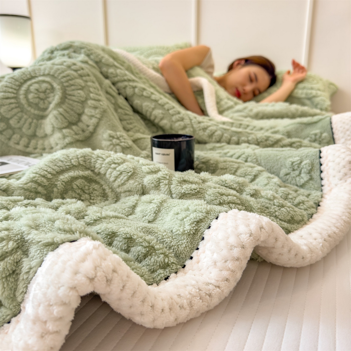 91家纺网 家纺一手货源 找家纺 乐家欣 2025新款A类花朵塔芙绒毛毯 花朵-桑绿