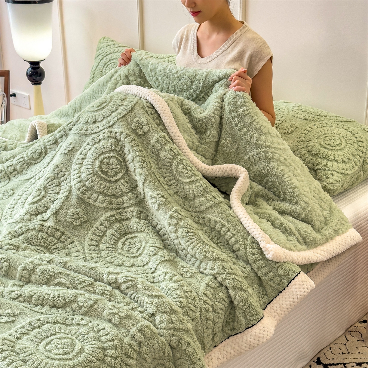 91家纺网 家纺一手货源 找家纺 乐家欣 2025新款A类花朵塔芙绒毛毯 花朵-桑绿