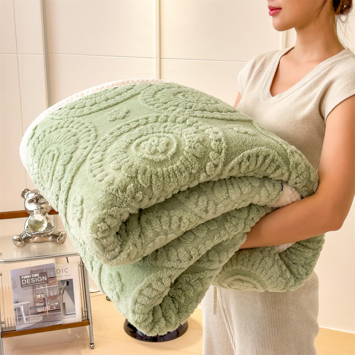 91家纺网 家纺一手货源 找家纺 乐家欣 2025新款A类花朵塔芙绒毛毯 花朵-桑绿