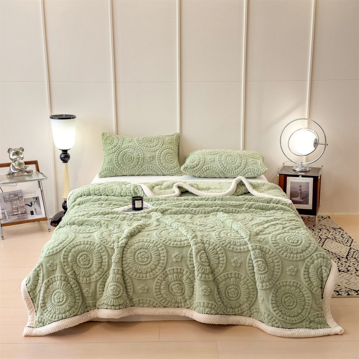 91家纺网 家纺一手货源 找家纺 乐家欣 2025新款A类花朵塔芙绒毛毯 花朵-桑绿