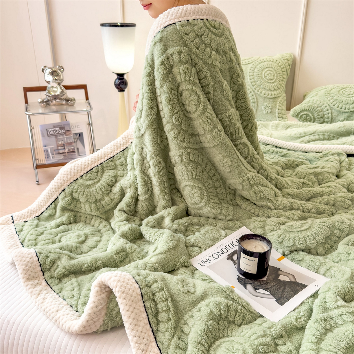 91家纺网 家纺一手货源 找家纺 乐家欣 2025新款A类花朵塔芙绒毛毯 花朵-桑绿